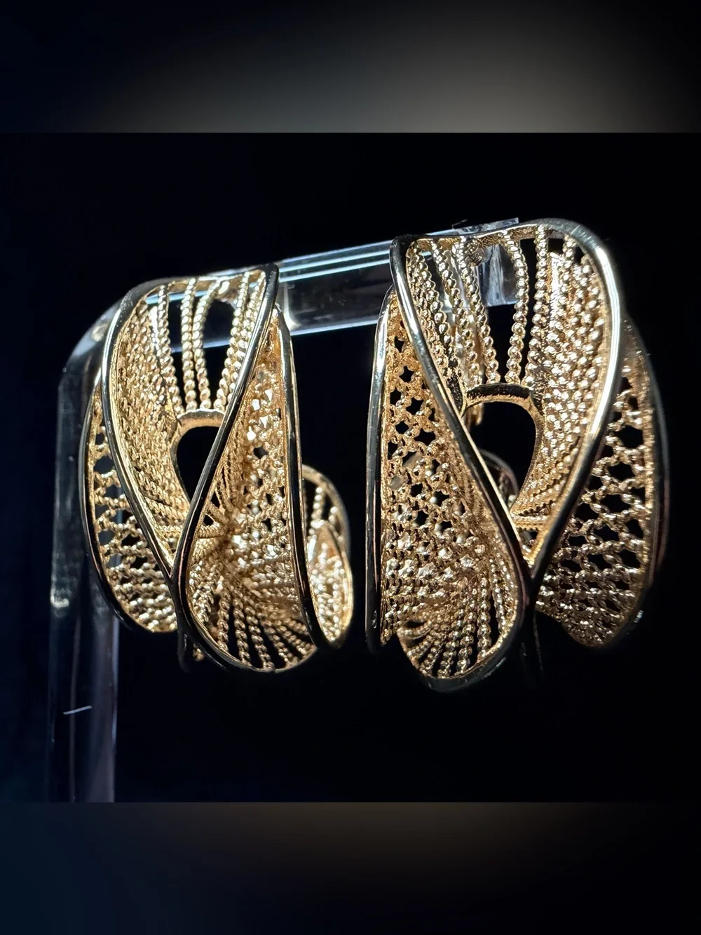 Textured Filigree Ribbon Inspired Swirl Hoop Earrings Elegant Curves Gold Finish